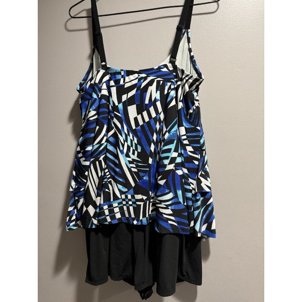 Longitude Size 12 Black White Blue Artsy One Piece Swimsuit Modest Coverage